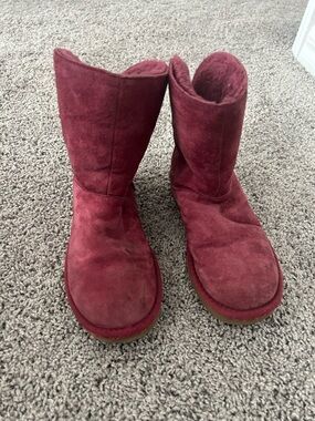 UGG Burgundy Suede Shearling Short Boots with Rhinestone Buckle